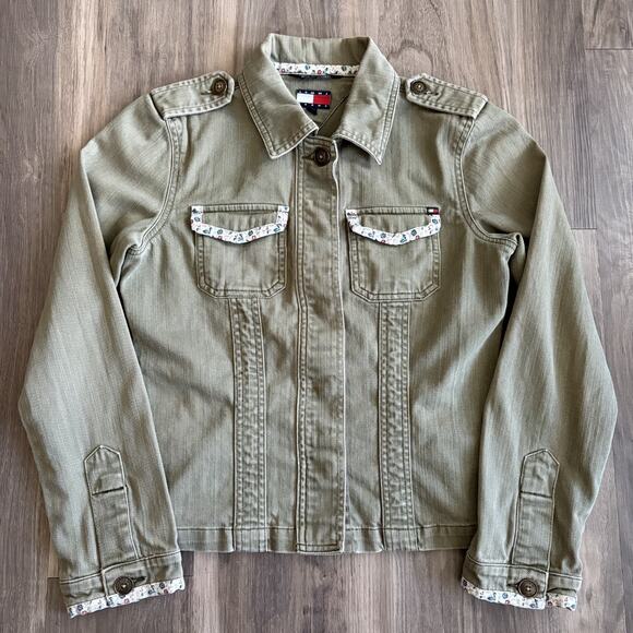 Vintage Y2K Tommy Hilfiger Olive Green Military Jacket Floral Women’s Size S - Picture 1 of 8